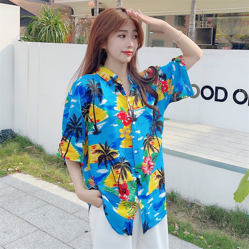 Floral Hawaiian Short Sleeve Shirt for Women - Casual Loose Cotton Silk Blouse, Versatile Beachwear Top, Summer Style Floral Hawaiian Short Sleeve Shirt for Women - Casual Loose Cotton Silk Blouse, Versatile Beachwear Top, Summer Style
