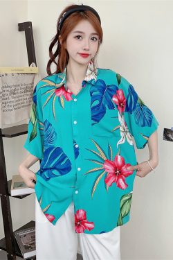 Floral Hawaiian Short Sleeve Shirt for Women - Casual Loose Cotton Silk Blouse, Versatile Beachwear Top, Summer Style