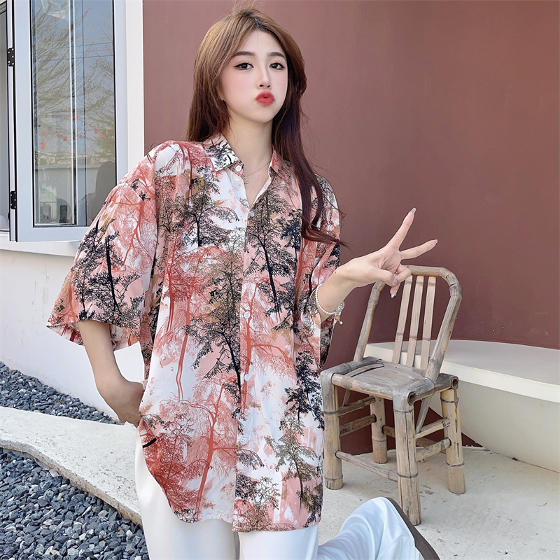 Floral Hawaiian Short Sleeve Shirt for Women - Casual Loose Cotton Silk Blouse, Versatile Beachwear Top, Summer Style Floral Hawaiian Short Sleeve Shirt for Women - Casual Loose Cotton Silk Blouse, Versatile Beachwear Top, Summer Style
