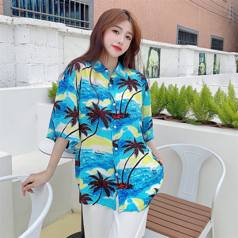 Floral Hawaiian Short Sleeve Shirt for Women - Casual Loose Cotton Silk Blouse, Versatile Beachwear Top, Summer Style Floral Hawaiian Short Sleeve Shirt for Women - Casual Loose Cotton Silk Blouse, Versatile Beachwear Top, Summer Style