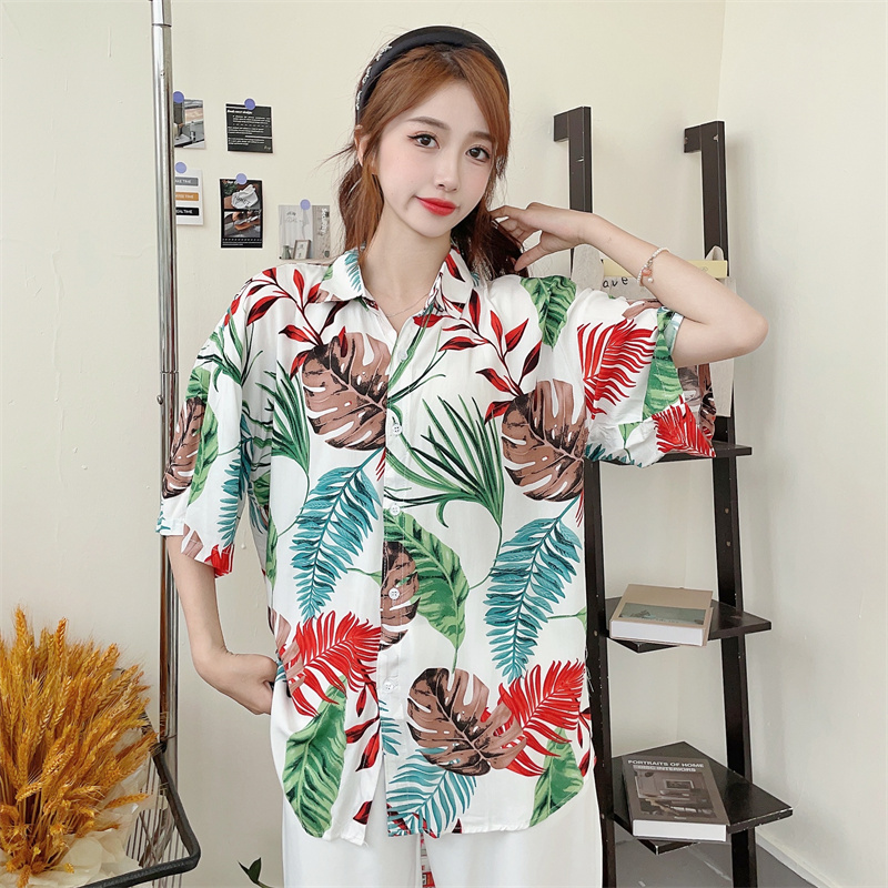 Floral Hawaiian Short Sleeve Shirt for Women - Casual Loose Cotton Silk Blouse, Versatile Beachwear Top, Summer Style Floral Hawaiian Short Sleeve Shirt for Women - Casual Loose Cotton Silk Blouse, Versatile Beachwear Top, Summer Style