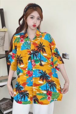 Floral Hawaiian Short Sleeve Shirt for Women - Casual Loose Cotton Silk Blouse, Versatile Beachwear Top, Summer Style