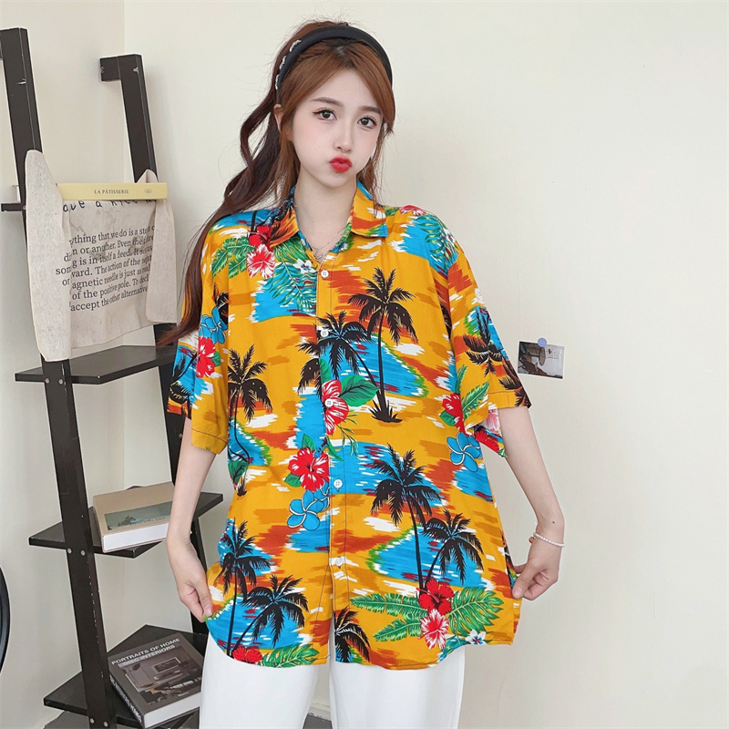 Floral Hawaiian Short Sleeve Shirt for Women - Casual Loose Cotton Silk Blouse, Versatile Beachwear Top, Summer Style Floral Hawaiian Short Sleeve Shirt for Women - Casual Loose Cotton Silk Blouse, Versatile Beachwear Top, Summer Style