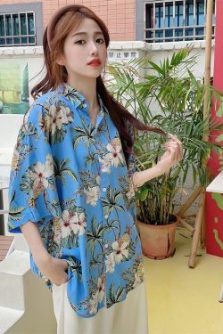 Floral Hawaiian Short Sleeve Shirt for Women - Casual Loose Cotton Silk Blouse, Versatile Beachwear Top, Summer Style