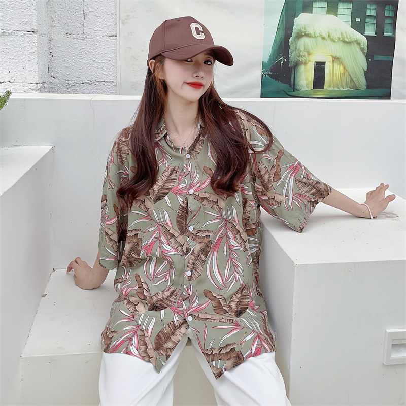Floral Hawaiian Short Sleeve Shirt for Women - Casual Loose Cotton Silk Blouse, Versatile Beachwear Top, Summer Style Floral Hawaiian Short Sleeve Shirt for Women - Casual Loose Cotton Silk Blouse, Versatile Beachwear Top, Summer Style