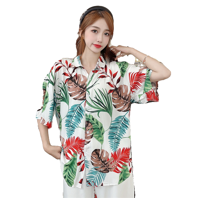 Floral Hawaiian Short Sleeve Shirt for Women - Casual Loose Cotton Silk Blouse, Versatile Beachwear Top, Summer Style Floral Hawaiian Short Sleeve Shirt for Women - Casual Loose Cotton Silk Blouse, Versatile Beachwear Top, Summer Style