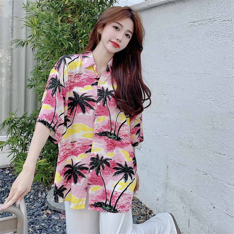 Floral Hawaiian Short Sleeve Shirt for Women - Casual Loose Cotton Silk Blouse, Versatile Beachwear Top, Summer Style Floral Hawaiian Short Sleeve Shirt for Women - Casual Loose Cotton Silk Blouse, Versatile Beachwear Top, Summer Style