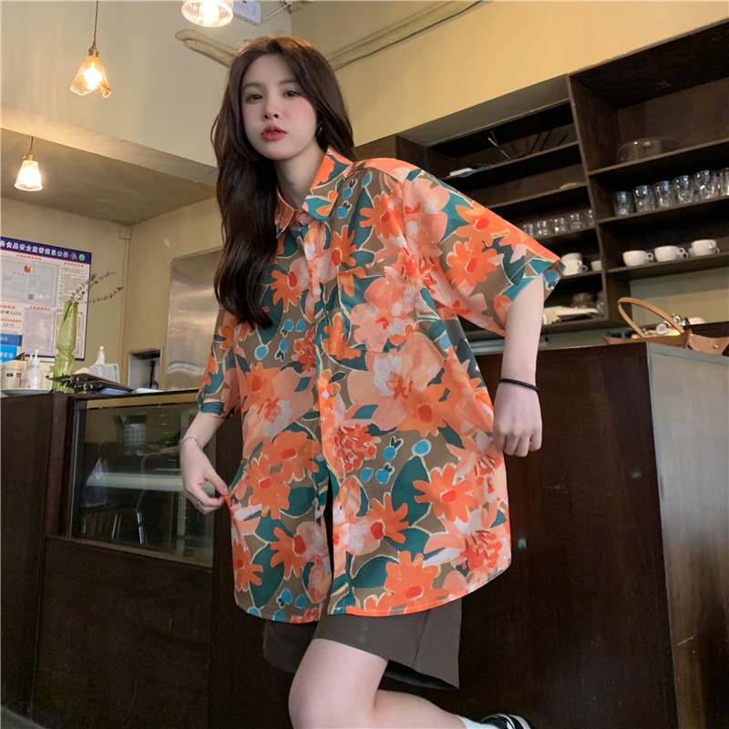 Floral Hawaiian Short Sleeve Shirt for Women - Retro Loose Top in Hong Kong Style - Trendy Fairy Girl Aesthetic Floral Hawaiian Short Sleeve Shirt for Women - Retro Loose Top in Hong Kong Style - Trendy Fairy Girl Aesthetic
