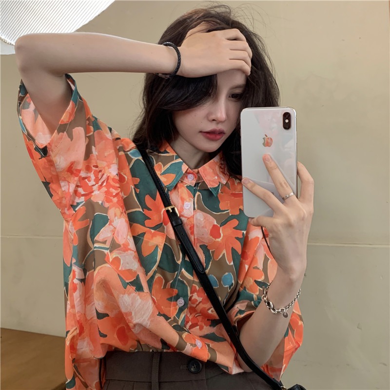 Floral Hawaiian Short Sleeve Shirt for Women - Retro Loose Top in Hong Kong Style - Trendy Fairy Girl Aesthetic Floral Hawaiian Short Sleeve Shirt for Women - Retro Loose Top in Hong Kong Style - Trendy Fairy Girl Aesthetic