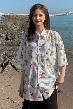Floral Hawaiian Short Sleeve Shirt for Women, Loose Hong Kong Style Top, Unique Beachwear, Trendy Summer Fashion