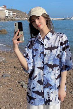 Floral Hawaiian Short Sleeve Shirt for Women, Loose Hong Kong Style Top, Unique Beachwear, Trendy Summer Fashion