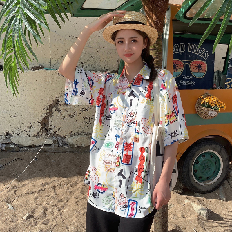 Floral Hawaiian Short Sleeve Shirt for Women, Loose Hong Kong Style Top, Unique Beachwear, Trendy Summer Fashion Floral Hawaiian Short Sleeve Shirt for Women, Loose Hong Kong Style Top, Unique Beachwear, Trendy Summer Fashion