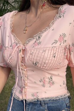 Floral Lace Trim Puff Sleeve Top - DIY 2025 Spring/Summer French Romantic Style, Waist-Cinched, Short Sleeve