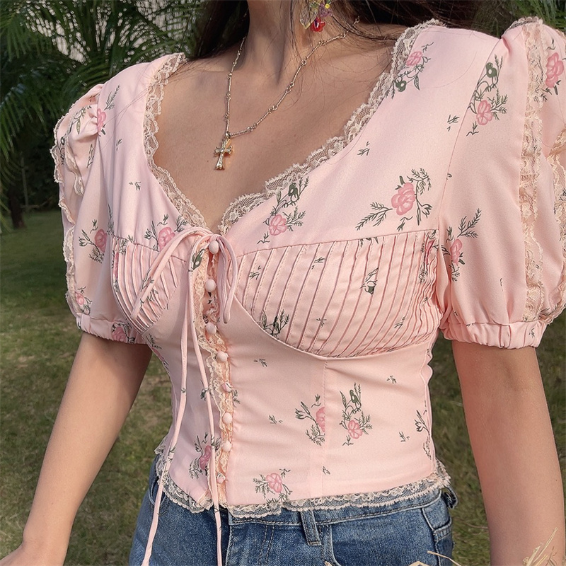 Floral Lace Trim Puff Sleeve Top - DIY 2025 Spring/Summer French Romantic Style, Waist-Cinched, Short Sleeve Floral Lace Trim Puff Sleeve Top - DIY 2025 Spring/Summer French Romantic Style, Waist-Cinched, Short Sleeve