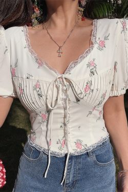 Floral Lace Trim Puff Sleeve Top - DIY 2025 Spring/Summer French Romantic Style, Waist-Cinched, Short Sleeve