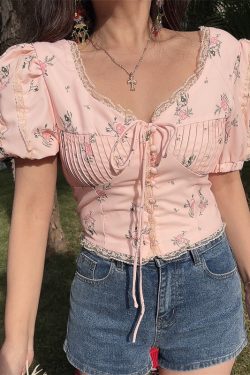 Floral Lace Trim Puff Sleeve Top - DIY 2025 Spring/Summer French Romantic Style, Waist-Cinched, Short Sleeve