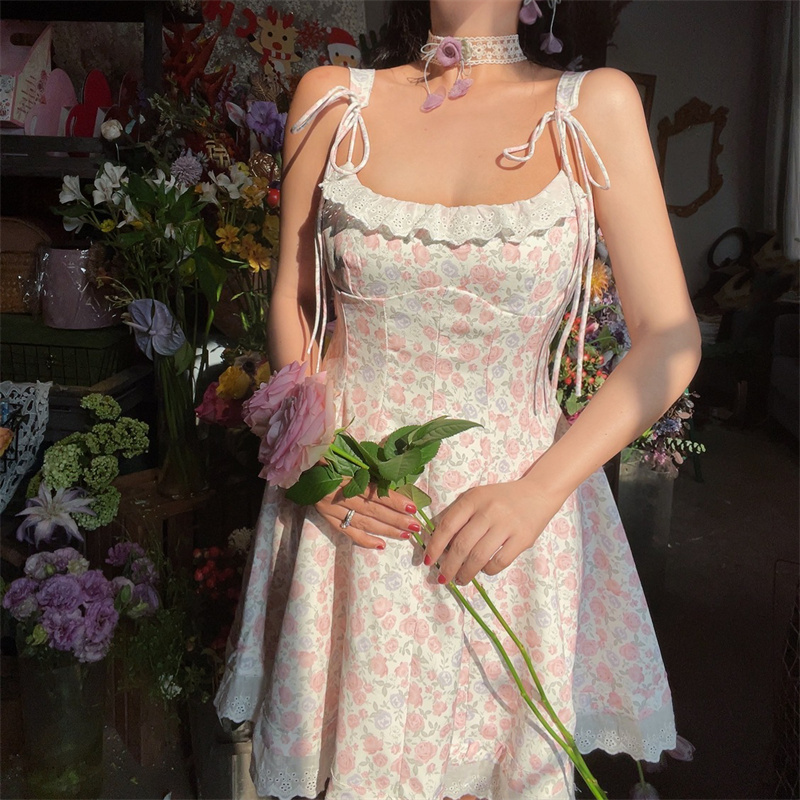 Floral Lace Trim Tie Strap Camisole Dress – Handmade Spring Summer Fairy Style Vacation Dress with Australian Niche Design Floral Lace Trim Tie Strap Camisole Dress – Handmade Spring Summer Fairy Style Vacation Dress with Australian Niche Design