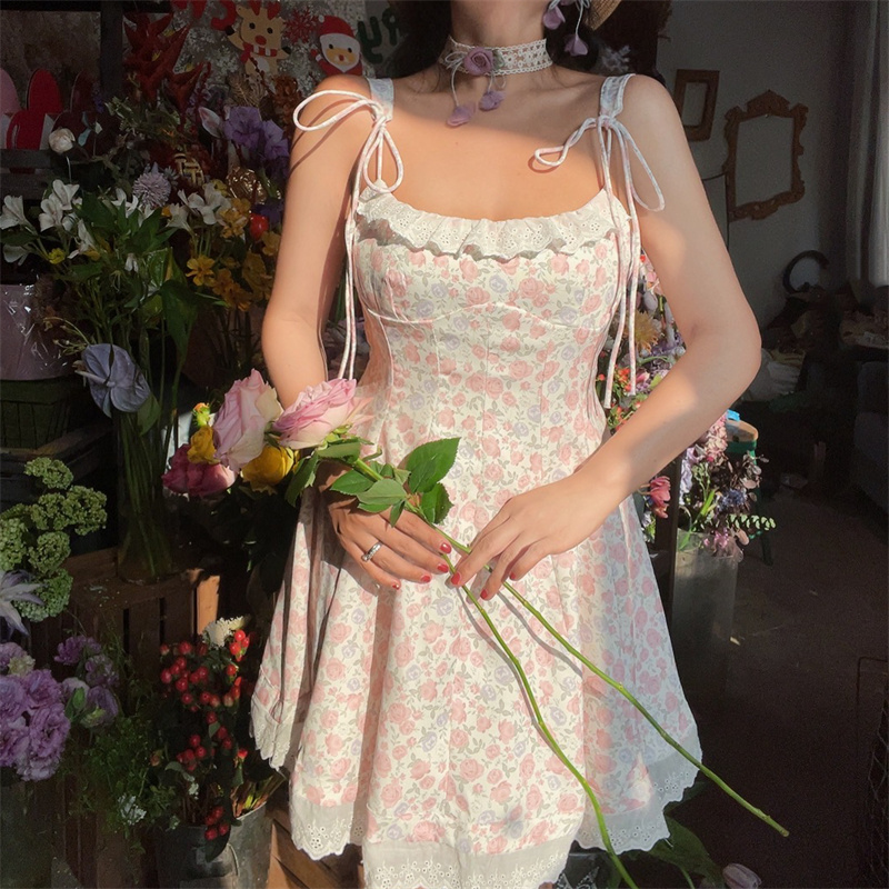 Floral Lace Trim Tie Strap Camisole Dress – Handmade Spring Summer Fairy Style Vacation Dress with Australian Niche Design Floral Lace Trim Tie Strap Camisole Dress – Handmade Spring Summer Fairy Style Vacation Dress with Australian Niche Design