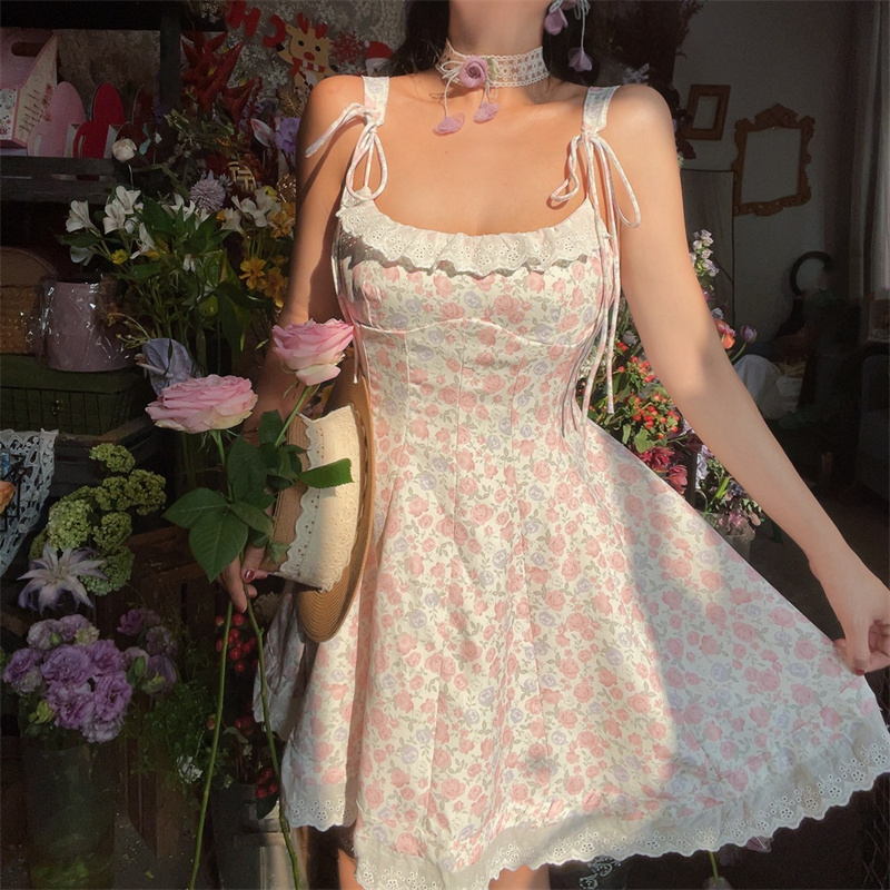 Floral Lace Trim Tie Strap Camisole Dress – Handmade Spring Summer Fairy Style Vacation Dress with Australian Niche Design Floral Lace Trim Tie Strap Camisole Dress – Handmade Spring Summer Fairy Style Vacation Dress with Australian Niche Design
