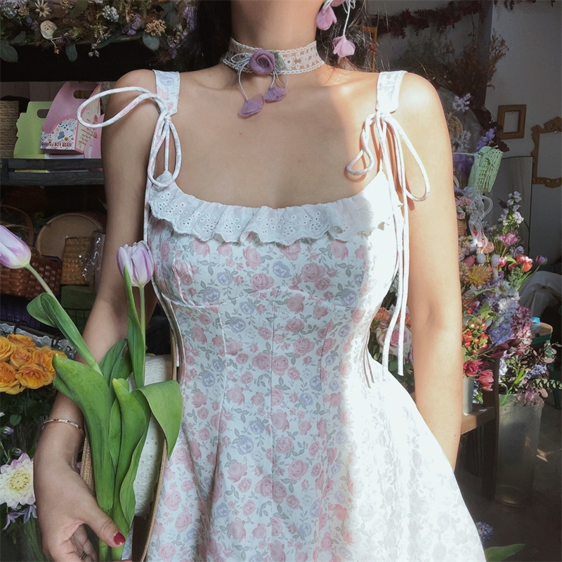 Floral Lace Trim Tie Strap Camisole Dress – Handmade Spring Summer Fairy Style Vacation Dress with Australian Niche Design Floral Lace Trim Tie Strap Camisole Dress – Handmade Spring Summer Fairy Style Vacation Dress with Australian Niche Design