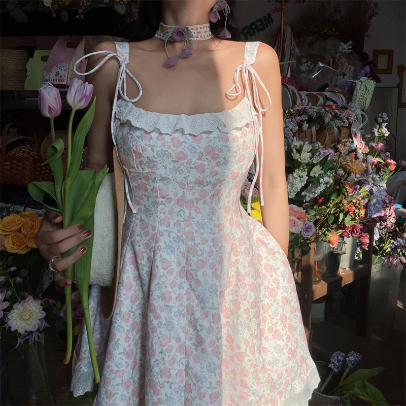 Floral Lace Trim Tie Strap Camisole Dress – Handmade Spring Summer Fairy Style Vacation Dress with Australian Niche Design Floral Lace Trim Tie Strap Camisole Dress – Handmade Spring Summer Fairy Style Vacation Dress with Australian Niche Design