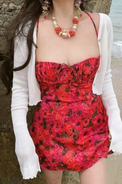 Floral Lace-Up Camisole and Short Skirt Set - 2024 Spring/Summer American Retro Court Style Vacation Outfit