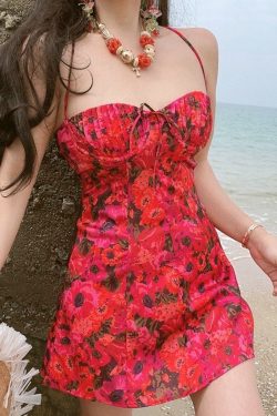 Floral Lace-Up Camisole and Short Skirt Set - 2024 Spring/Summer American Retro Court Style Vacation Outfit