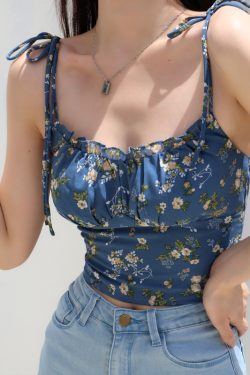 Floral Lace-Up Camisole for Women, Fresh Girl Style, Slim Fit, Elastic Pleats, Flattering Design, Y2K Fashion