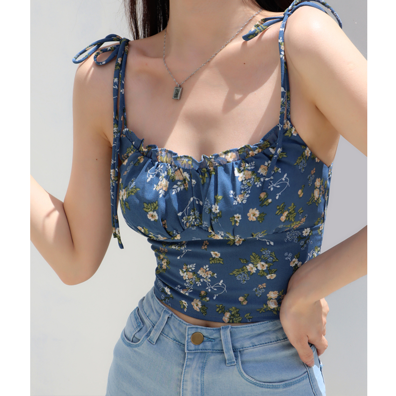 Floral Lace-Up Camisole for Women, Fresh Girl Style, Slim Fit, Elastic Pleats, Flattering Design, Y2K Fashion Floral Lace-Up Camisole for Women, Fresh Girl Style, Slim Fit, Elastic Pleats, Flattering Design, Y2K Fashion