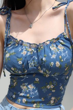 Floral Lace-Up Camisole for Women, Fresh Girl Style, Slim Fit, Elastic Pleats, Flattering Design, Y2K Fashion