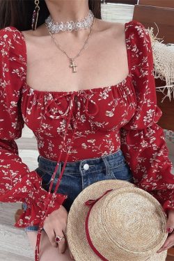 Floral Lantern Sleeve Shirt with Square Neck, Drawstring Waist - Handmade, Vacation Ready for Spring/Summer 2025