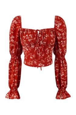 Floral Lantern Sleeve Shirt with Square Neck, Drawstring Waist - Handmade, Vacation Ready for Spring/Summer 2025