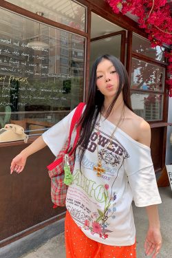 Floral Letter Print Off-Shoulder Short Sleeve T-Shirt for Women, Slim Fit Summer Top, American Style, Y2K Fashion