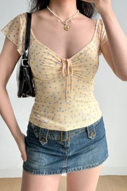 Floral Mesh Short Sleeve T-shirt for Women - Self-Made European American Style with Tie V-neck - Trendy Hot Girl Top