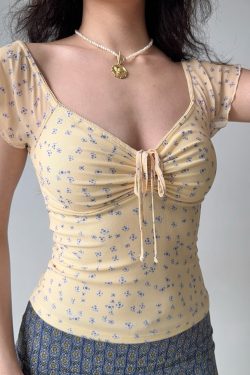 Floral Mesh Short Sleeve T-shirt for Women - Self-Made European American Style with Tie V-neck - Trendy Hot Girl Top