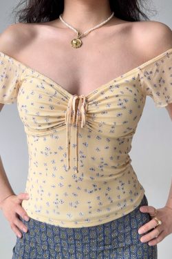 Floral Mesh Short Sleeve T-shirt for Women with Tie V-neck - Trendy European American Style Hot Girl Top