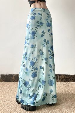 Floral Mesh Skirt Women's Low-Waist Slim-Fit Long Pants Vacation Style Summer Island Rose Fresh Mint Design