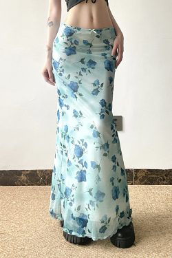 Floral Mesh Skirt Women's Low-Waist Slim-Fit Long Pants Vacation Style Summer Island Rose Fresh Mint Design