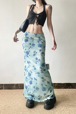 Floral Mesh Skirt Women's Low-Waist Slim-Fit Long Pants Vacation Style Summer Island Rose Fresh Mint Design