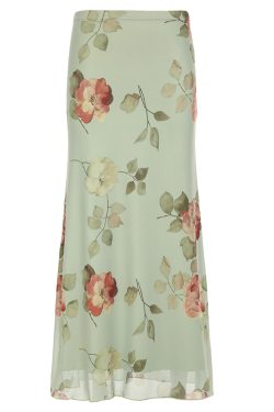 Floral Mesh Straight Skirt - Women's Elegant Draped Midi Skirt in Green and Fresh, Chinese Style Rose Design