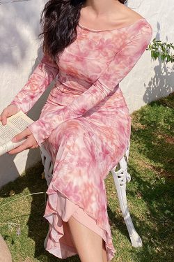 Floral Mesh Two-Piece Long Sleeve Bodycon Dress - Sexy Slim Fit with Long Skirt - Y2K Inspired Fashion