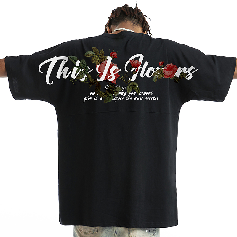 Floral Oversized Short Sleeve T-Shirt for Men - Trendy Loose Batwing Top for Summer, American High Street Style Floral Oversized Short Sleeve T-Shirt for Men - Trendy Loose Batwing Top for Summer, American High Street Style