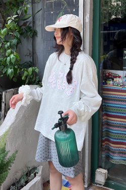 Floral Patchwork Embroidery Long Sleeve T-Shirt for Couples, National Trend, Loose Fit, Spring and Autumn Style