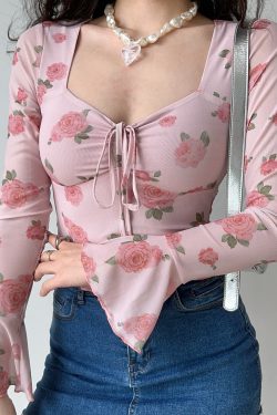 Floral Print Bell Sleeve Square Neck Shirt - Women's Slim Fit Long Sleeve Top - DIY French Sweet Style