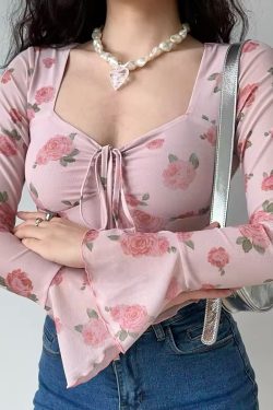 Floral Print Bell Sleeve Square Neck Shirt - Women's Slim Fit Long Sleeve Top - DIY French Sweet Style