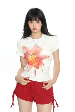 Floral Print Short-Sleeve T-Shirt for Women - Slim Fit Cropped Round Neck Summer Top - American Style Spicy Girl Fashion