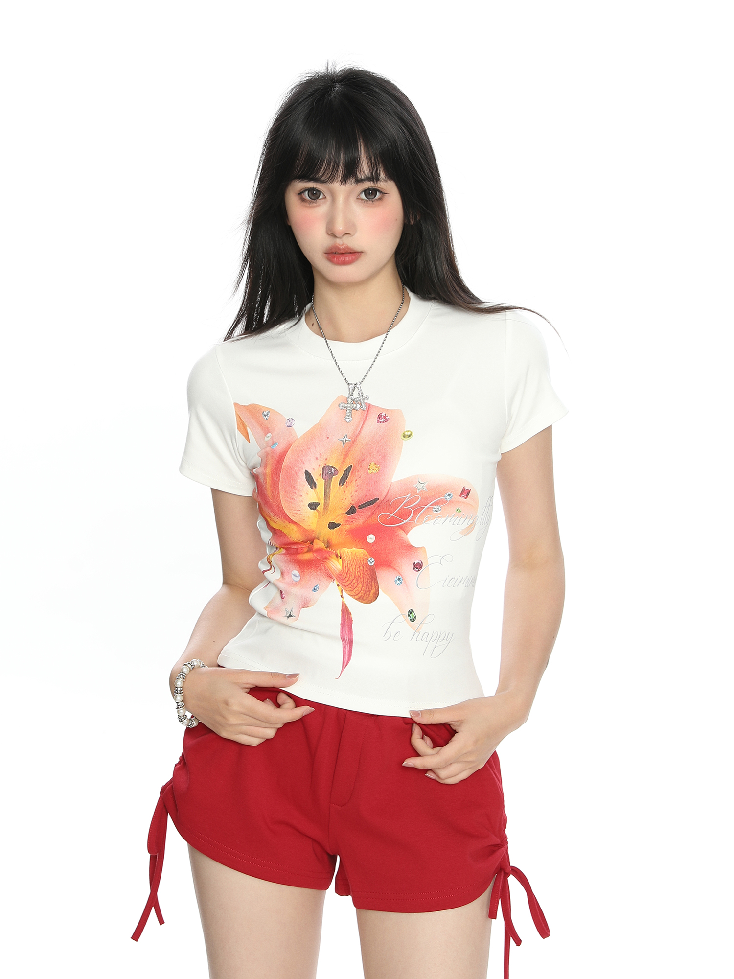 Floral Print Short-Sleeve T-Shirt for Women - Slim Fit Cropped Round Neck Summer Top - American Style Spicy Girl Fashion Floral Print Short-Sleeve T-Shirt for Women - Slim Fit Cropped Round Neck Summer Top - American Style Spicy Girl Fashion