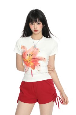 Floral Print Short-Sleeve T-Shirt for Women - Slim Fit Cropped Round Neck Summer Top - American Style Spicy Girl Fashion