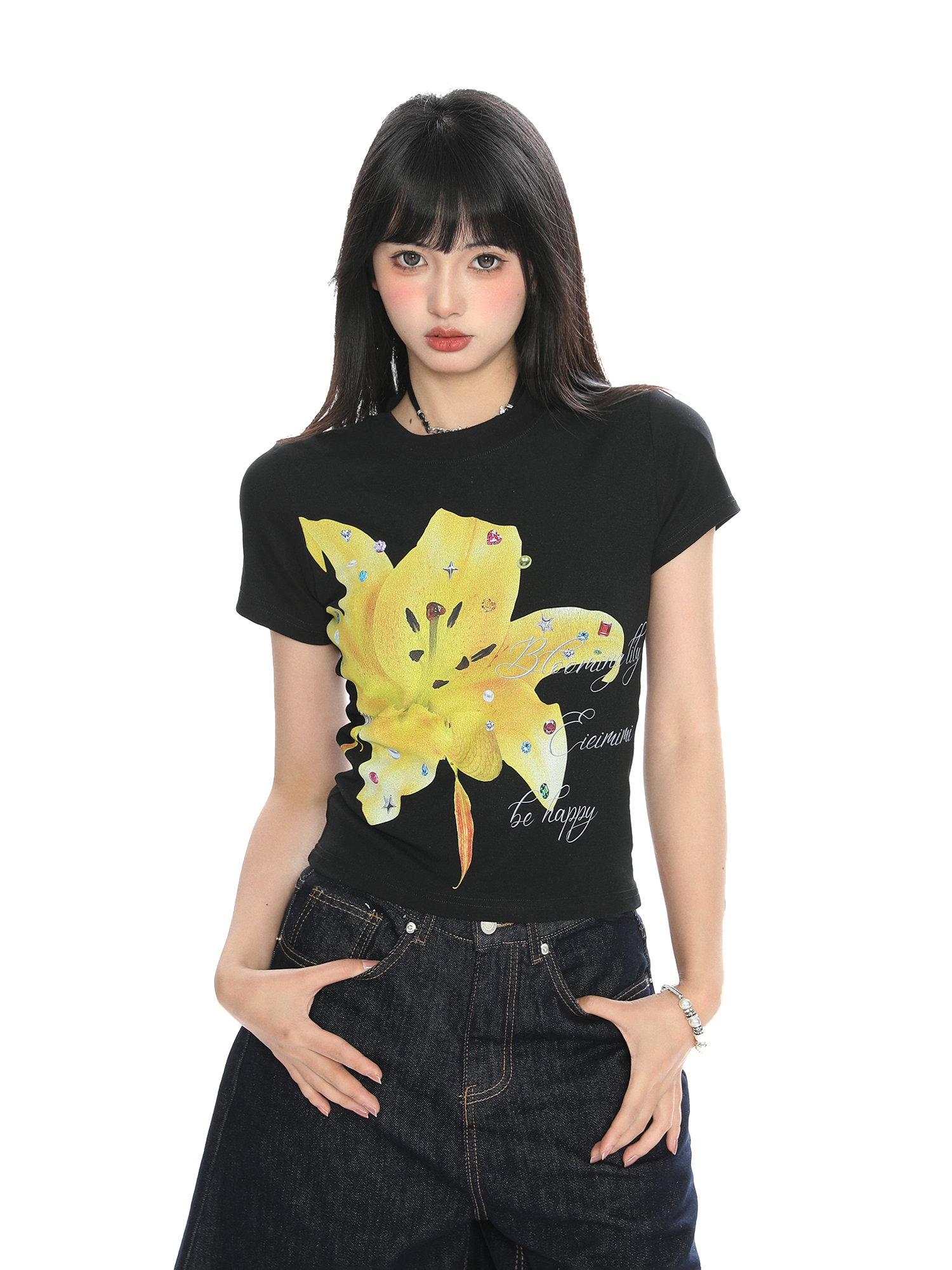 Floral Print Short-Sleeve T-Shirt for Women - Slim Fit Cropped Round Neck Summer Top - American Style Spicy Girl Fashion Floral Print Short-Sleeve T-Shirt for Women - Slim Fit Cropped Round Neck Summer Top - American Style Spicy Girl Fashion