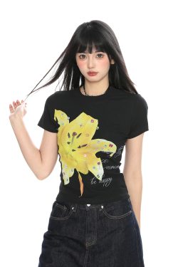 Floral Print Short-Sleeve T-Shirt for Women - Slim Fit Cropped Round Neck Summer Top - American Style Spicy Girl Fashion